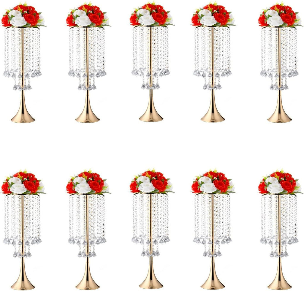 Set of 10pcs Crystal Flower Stand Gold Centerpieces Tall Metal Flower Arrangement Vase for Wedding Party Dinner Event Hotel Home Decor