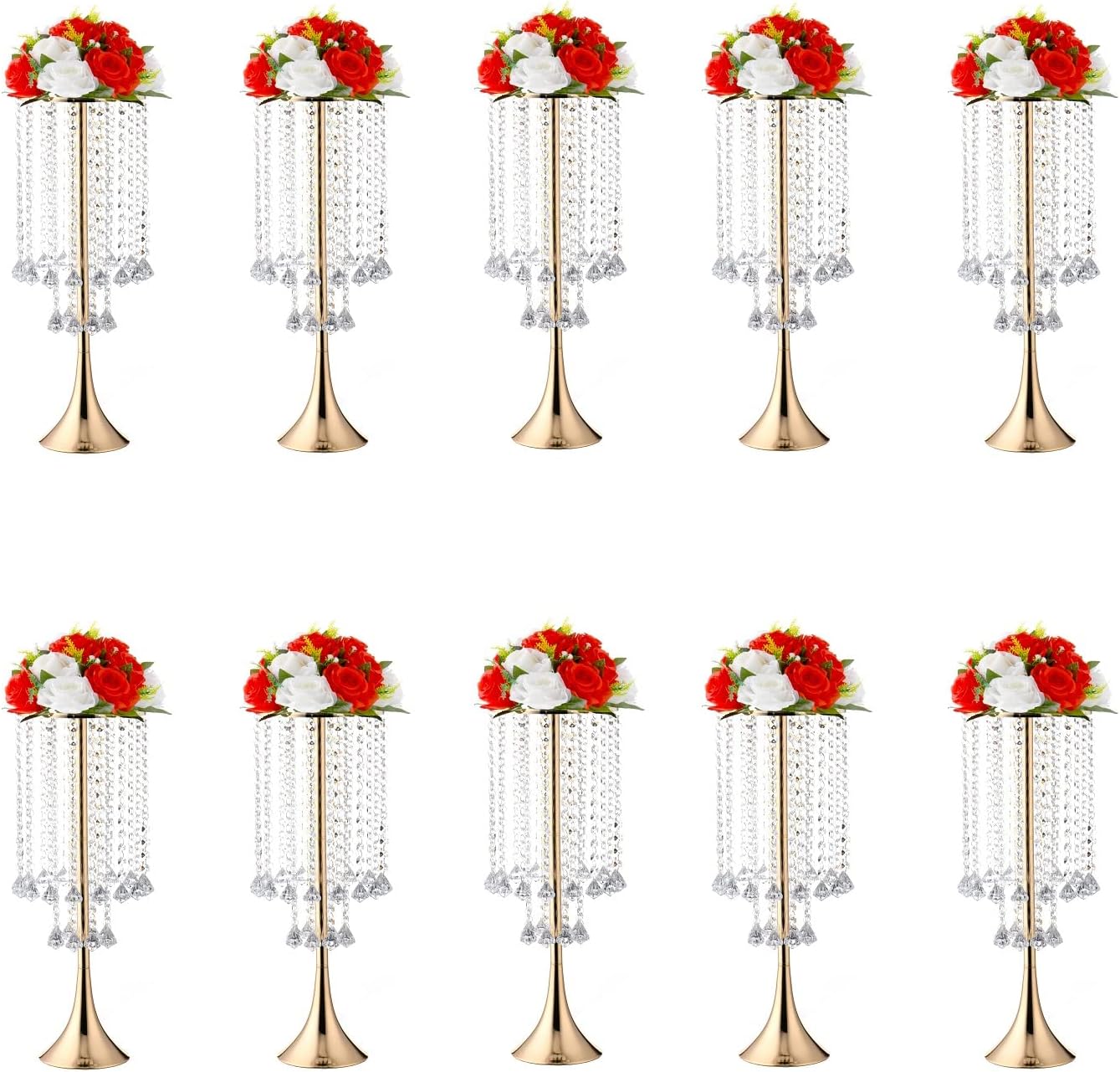 Set of 10pcs Crystal Flower Stand Gold Centerpieces Tall Metal Flower Arrangement Vase for Wedding Party Dinner Event Hotel Home Decor