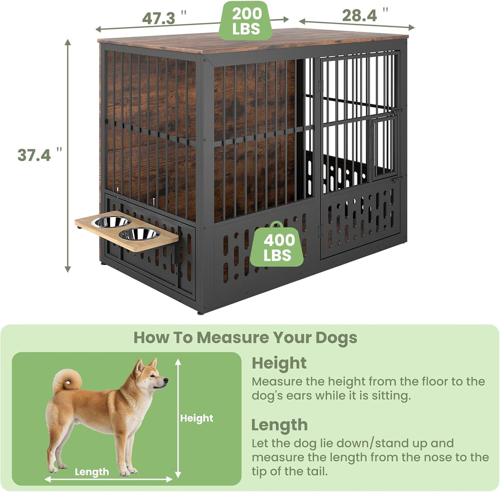 Yafylly 48 Inch XXL Dog Crate Furniture, Wooden Chewproof Dog Kennel with Interactive Window, 360° Adjustable Bowls (5 Heights), Storage Table Top, Heavy Duty XL Dog Crate for Medium Large Dogs, Brown