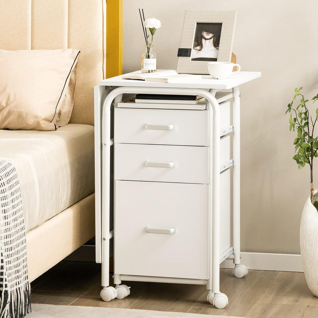 Tangkula White Folding Desk with 3 Drawers, Mobile Home Office Desk Study Writing Desk with Smooth Wheels, Space Saving Compact Table for Dorm Apartment, Rolling Couch Desk Table