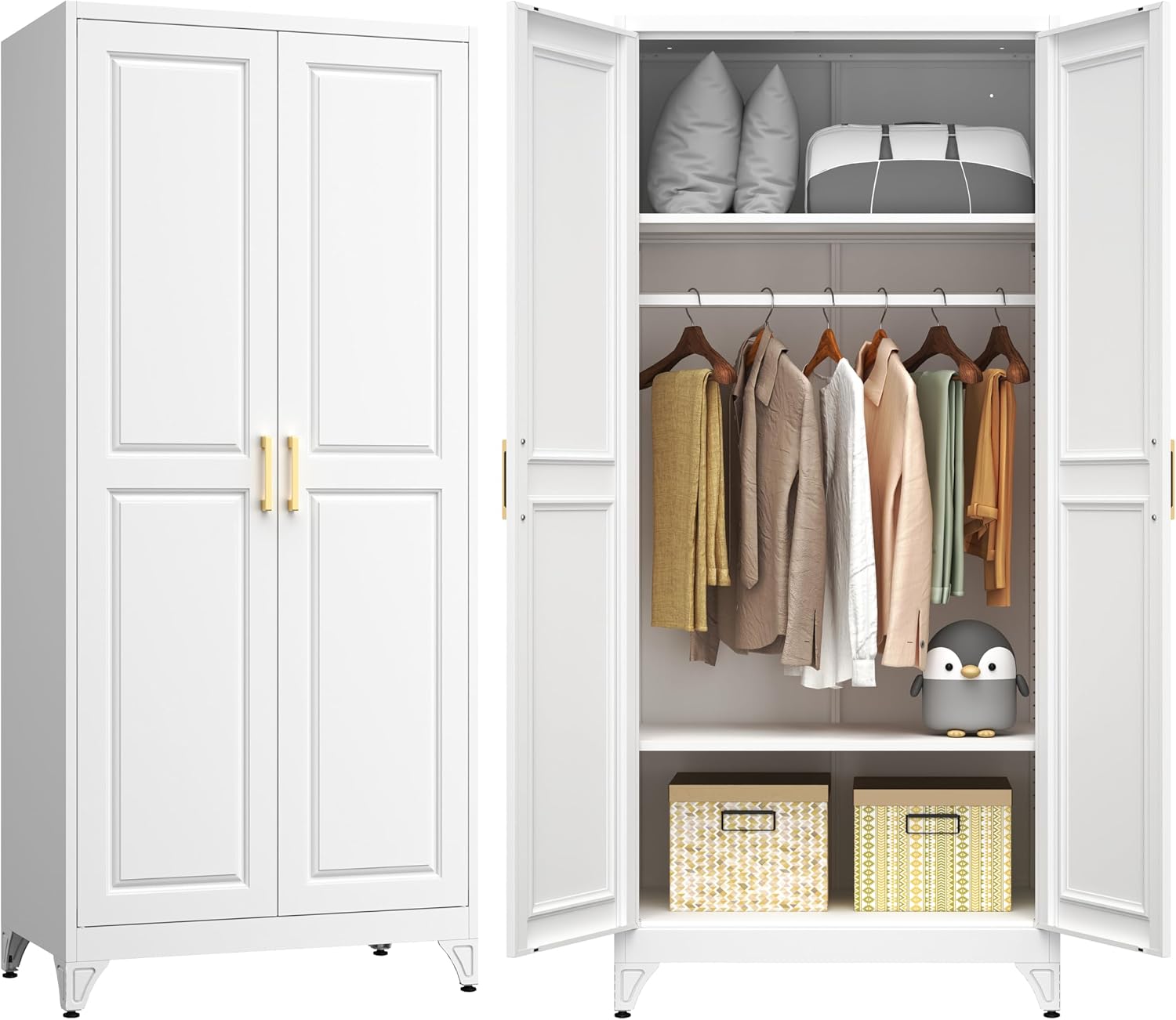 Metal Armoire Wardrobe Closet with 2 Doors, 71' Tall Wardrobe Closet with Doors, Hanging Rod, Drawers and Adjustable Shelves, White Clothing Storage Cabinets for Bedroom, Home Office