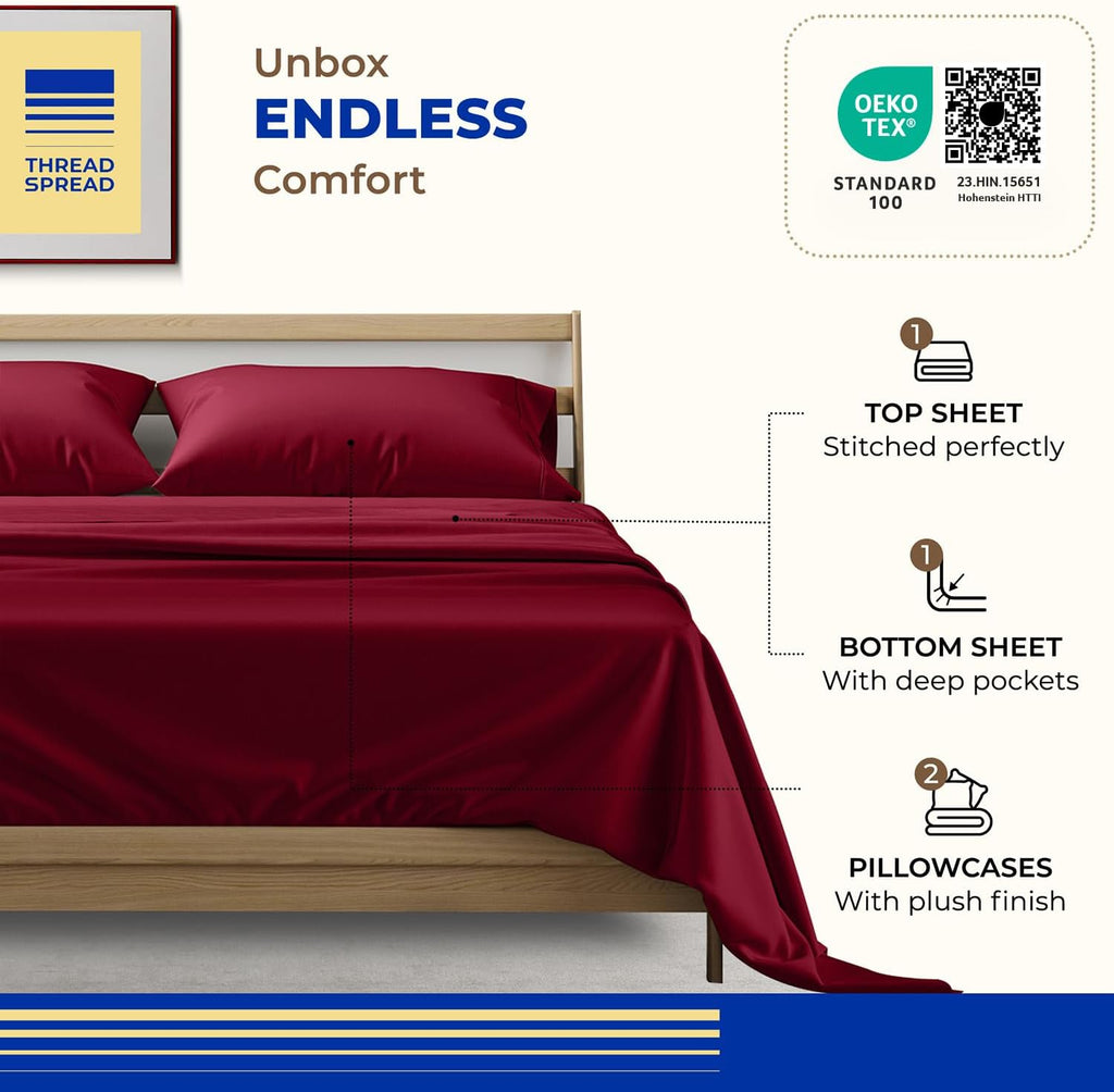 THREAD SPREAD King Size Sheets Set, Luxury 1000 Series Paradise Collection 100% Egyptian Cotton Bed Sheets King Size (4 PC, Burgundy), Soft, Extra Long Staple, 16' Deep Pocket Hotel Sheet Set