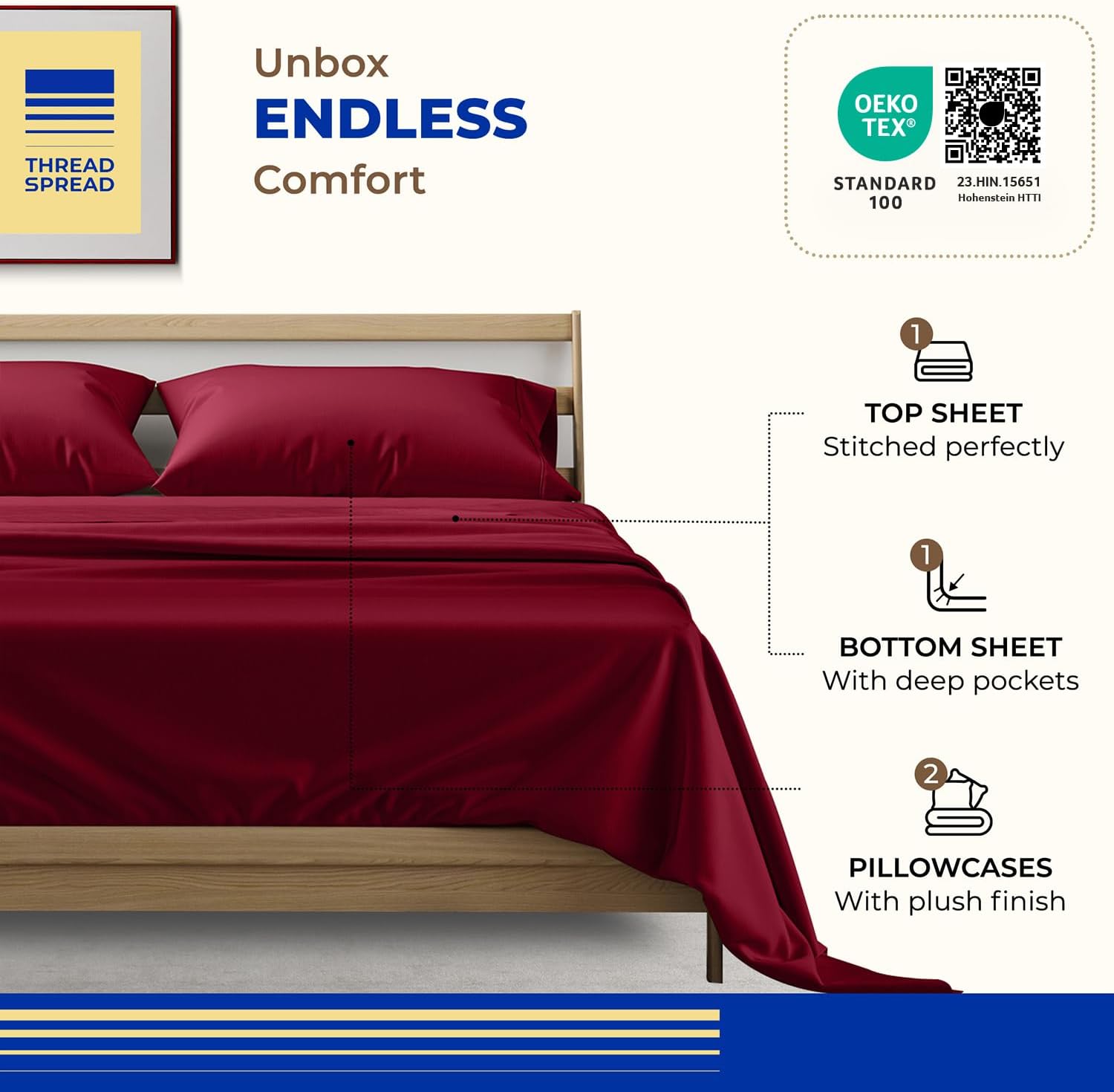 THREAD SPREAD King Size Sheets Set, Luxury 1000 Series Paradise Collection 100% Egyptian Cotton Bed Sheets King Size (4 PC, Burgundy), Soft, Extra Long Staple, 16' Deep Pocket Hotel Sheet Set