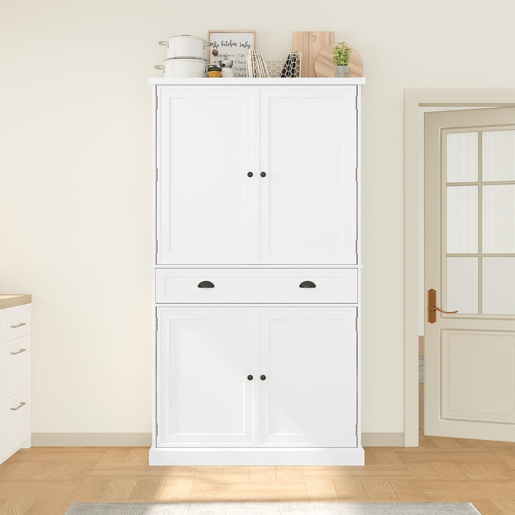 Freestanding 4 Doors Kitchen Pantry, Wood Kitchen Cupboard Storage Cabinet with 6 Door Shelves, Drawer and 3 Pull-Out Trays for Dining Room (White-4.14)