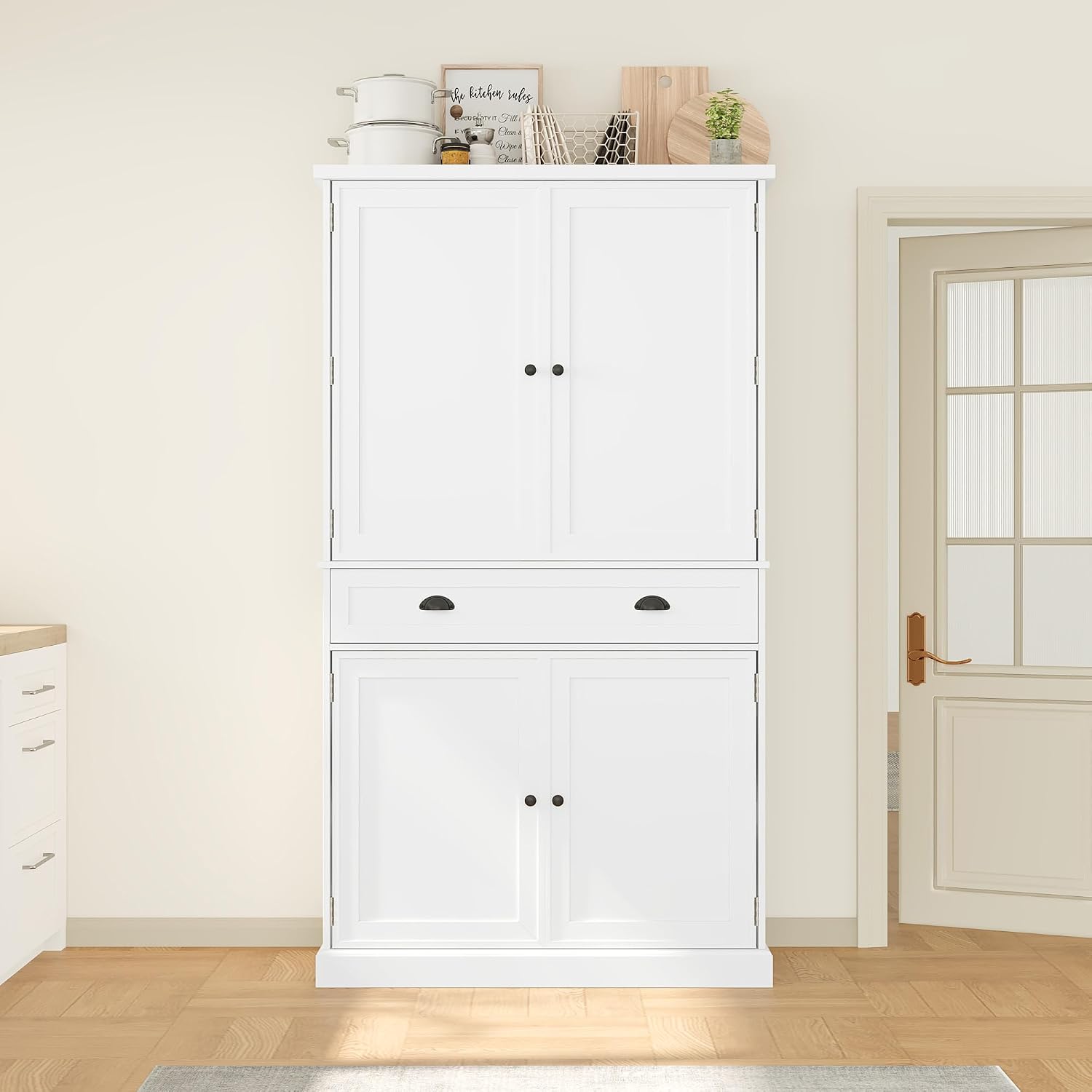 Freestanding 4 Doors Kitchen Pantry, Wood Kitchen Cupboard Storage Cabinet with 6 Door Shelves, Drawer and 3 Pull-Out Trays for Dining Room (White-4.14)