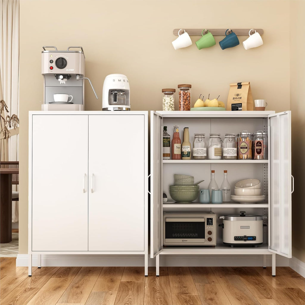 Metal Locker Cabinet, White Accent Storage Cabinets with 2 Doors And Adjustable Shelves, 3 Tier Modern Storage Freestanding Sideboard for Living Room,School,Office Home Kitchen (White, 2Doors-40'H)