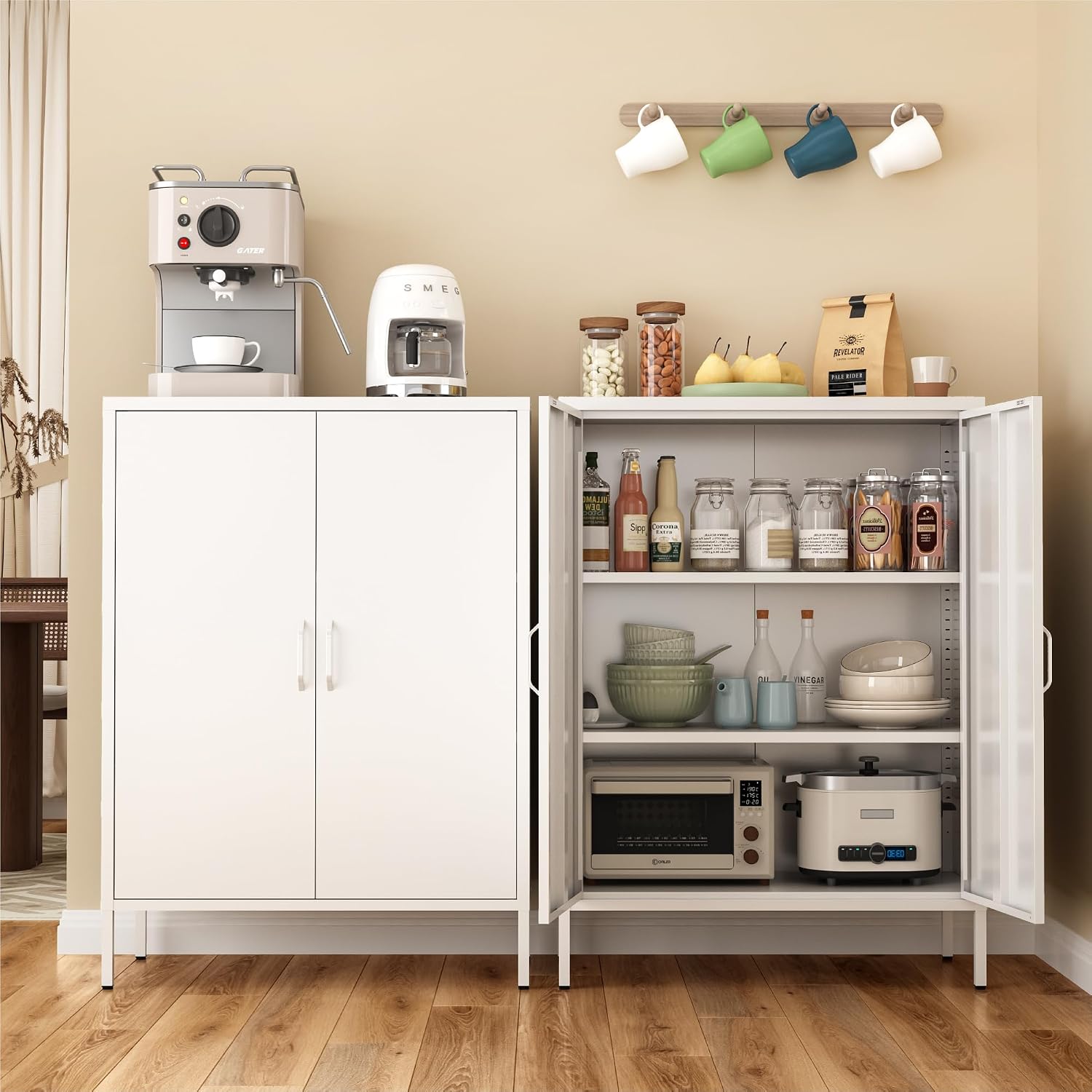 Metal Locker Cabinet, White Accent Storage Cabinets with 2 Doors And Adjustable Shelves, 3 Tier Modern Storage Freestanding Sideboard for Living Room,School,Office Home Kitchen (White, 2Doors-40'H)