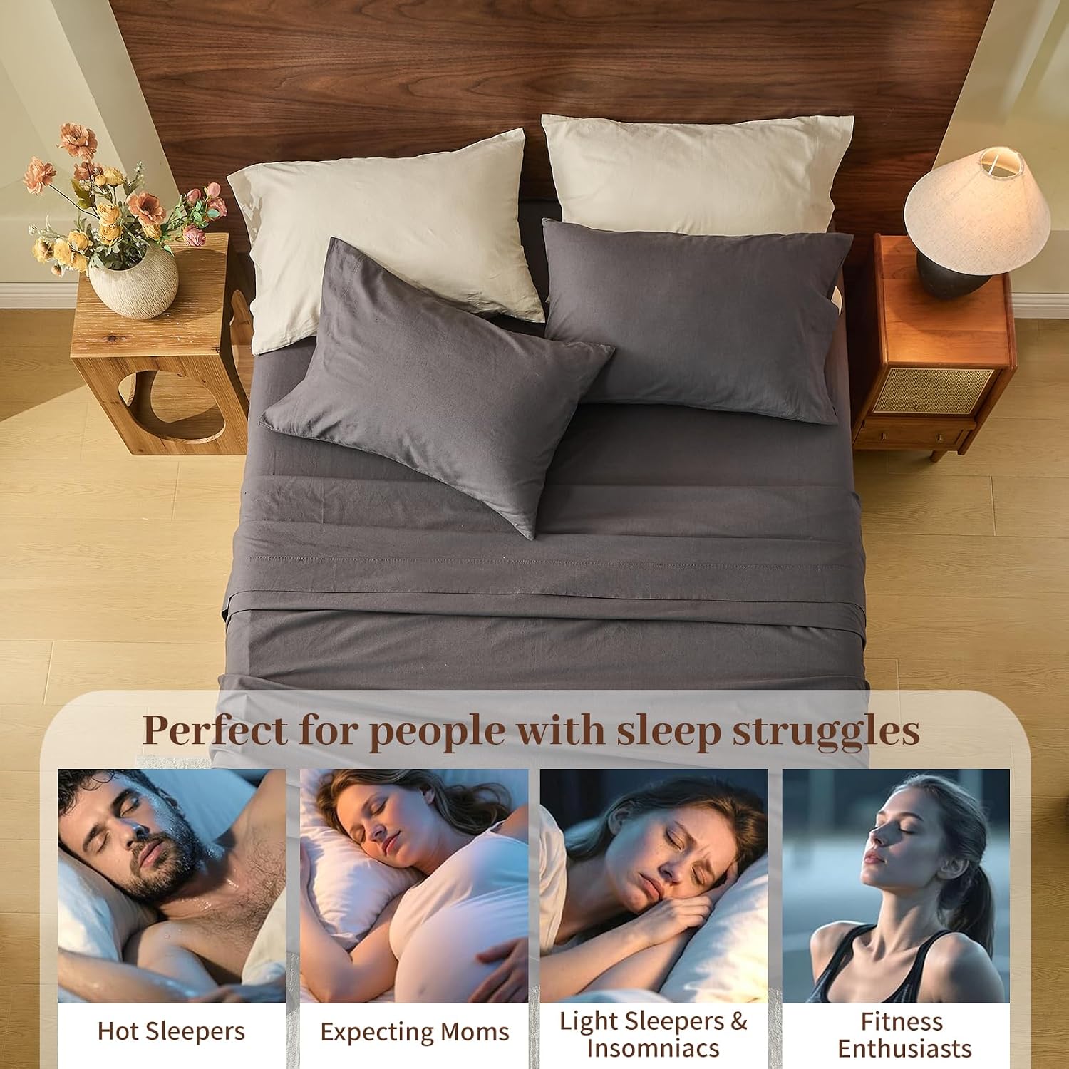 MEISHANG 100% French Pure Linen Sheets King Size - Bed Sheets 4 Piece Sets, Soft Durable Flax Linen, Anti-Tear Breathable Oeko-Tex Certified with 16' Deep Pocket (Dark Grey)