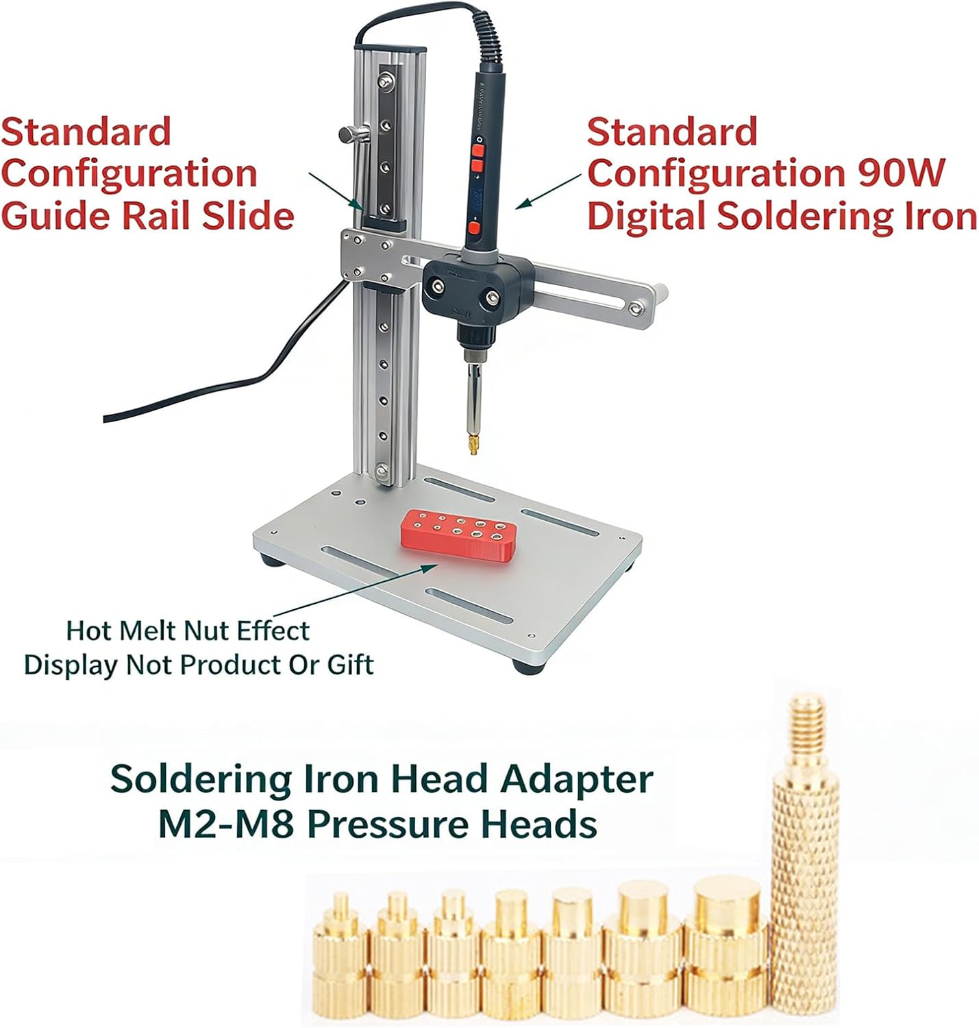 Vertical Heat Pressing Machine, Vertical Heat Set Insert Tool, Multi-Directional Adjustment, with Heat Set Tips M2-M8, for Plastic and 3D Printing Components