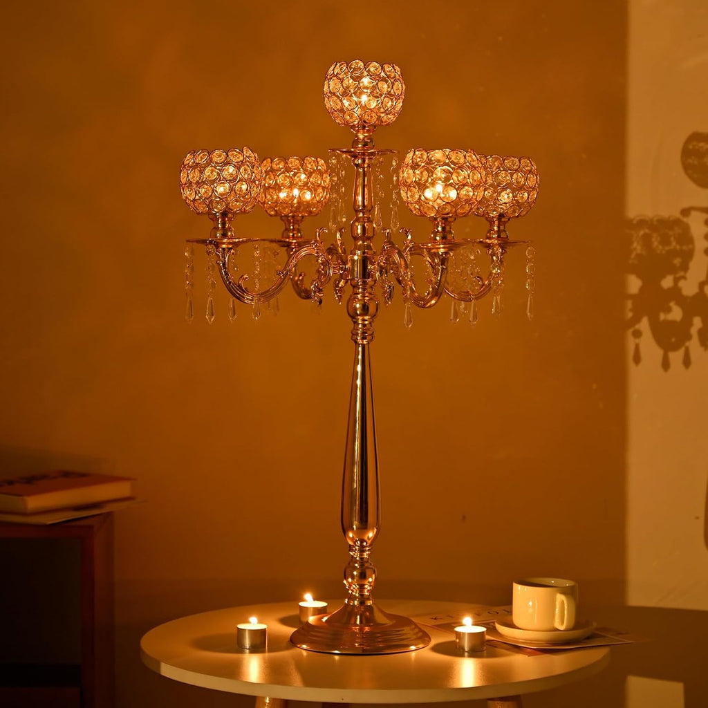 4 Packs 5 Arms Crystal Candelabra for Wedding Centerpiece, Gold Floor Candle Holder Set with Chandelier Crystal Beaded Anniversary Dinner Party Table Decor candelabros de mesa Elegantes Palace Themed