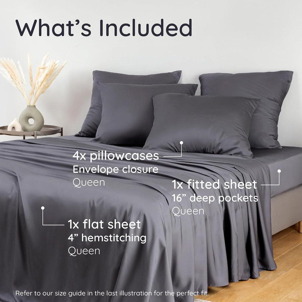 Bambaw 100% Viscose Derived from Bamboo Queen Size Sheet Set - 6pcs Cooling, Deep Pocket Fits Up to 16'' with Elastic Corner Straps, Queen Soft Sheets (Charcoal)