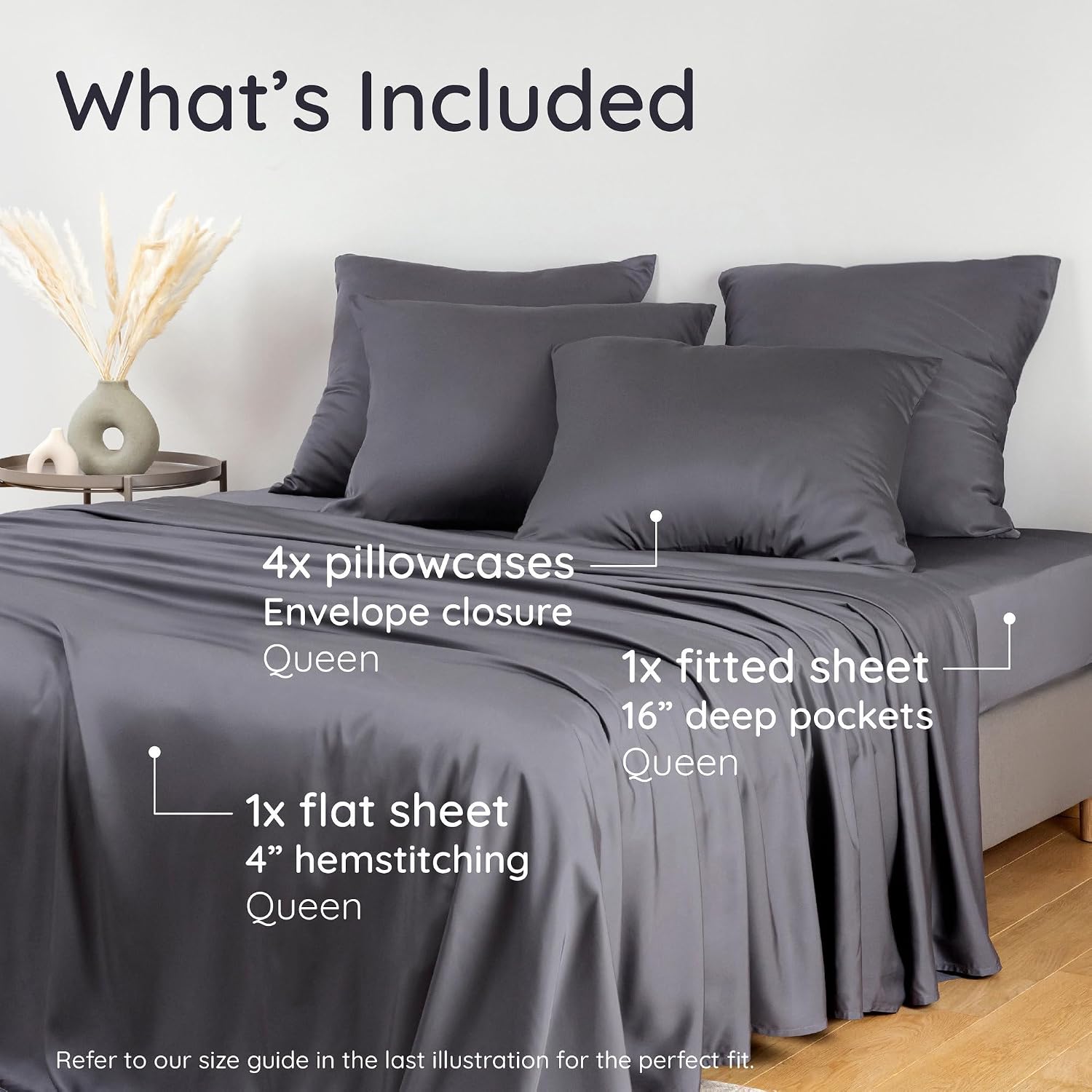 Bambaw 100% Viscose Derived from Bamboo Queen Size Sheet Set - 6pcs Cooling, Deep Pocket Fits Up to 16'' with Elastic Corner Straps, Queen Soft Sheets (Charcoal)
