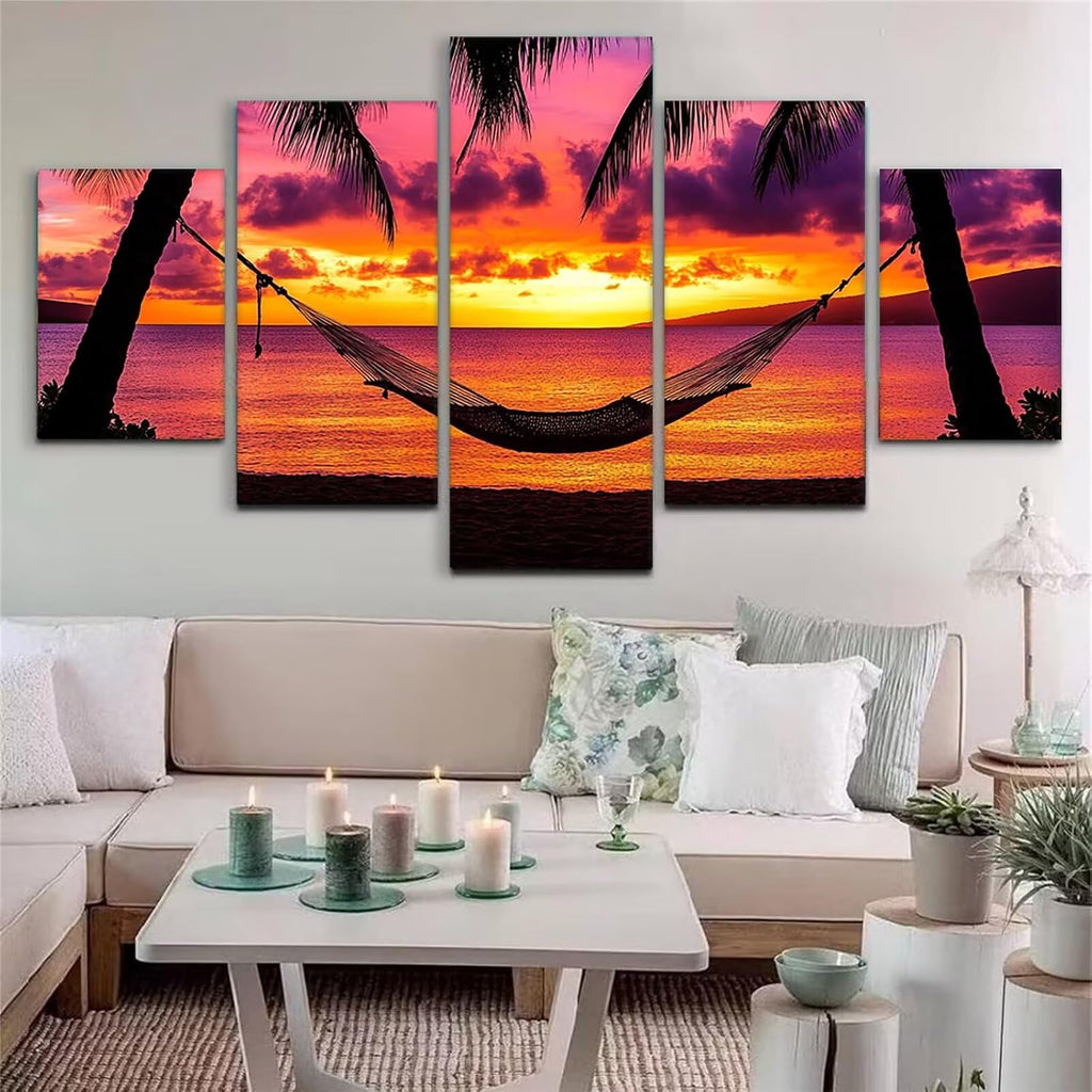 Sunset Diamond Art 5 Piece Diamond Painting Beach 5D DIY Full Round Drill Dimond Art Paintings Rhinestones Crafts for Adults Gem Painting for Home Decor, Large Artwork for Wall 48 x 100 Inch, Model393