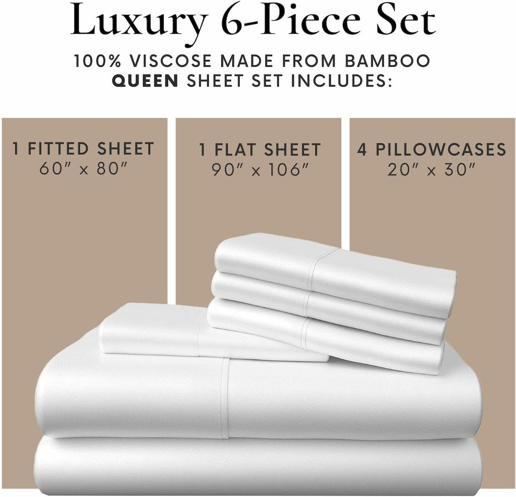 Bamboo Bay 6 Piece Queen Size Sheet Set, 100% Viscose Made from Bamboo, Breathable, Ultra Soft Cooling Bed Sheets for Hot Sleepers, Beddings with Deep Pockets Fit 16' Mattress, White