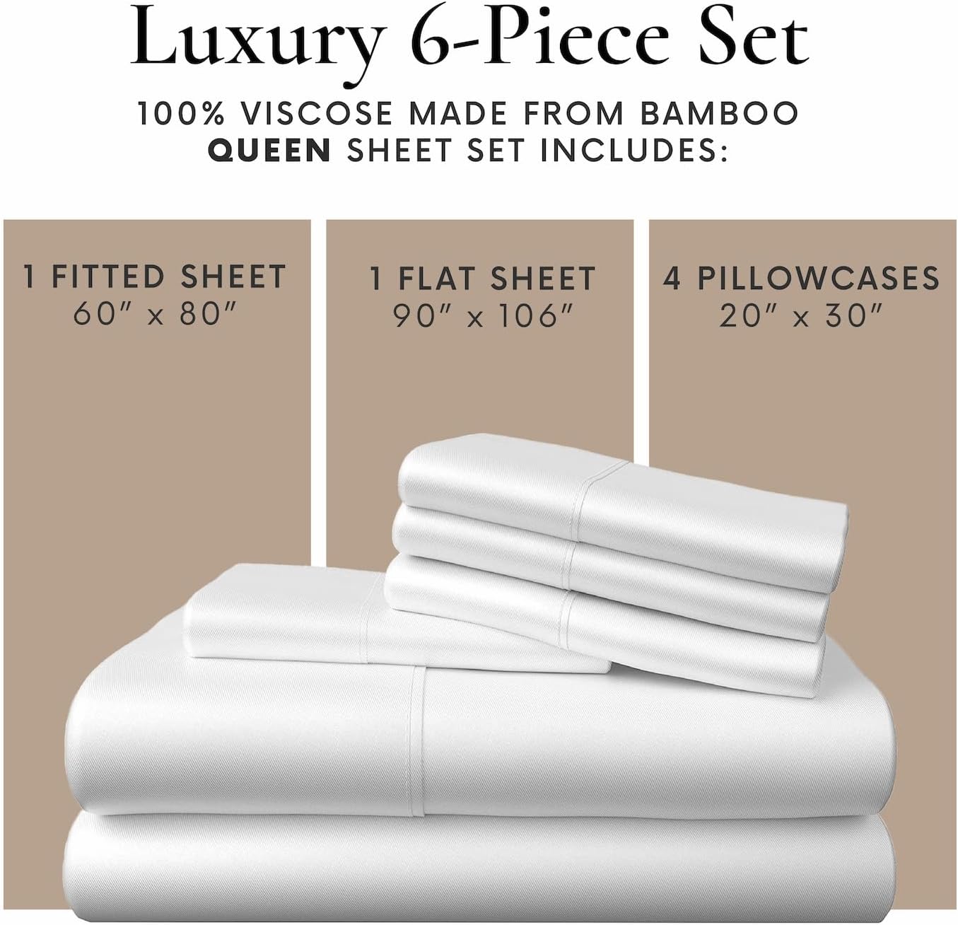 Bamboo Bay 6 Piece Queen Size Sheet Set, 100% Viscose Made from Bamboo, Breathable, Ultra Soft Cooling Bed Sheets for Hot Sleepers, Beddings with Deep Pockets Fit 16' Mattress, White