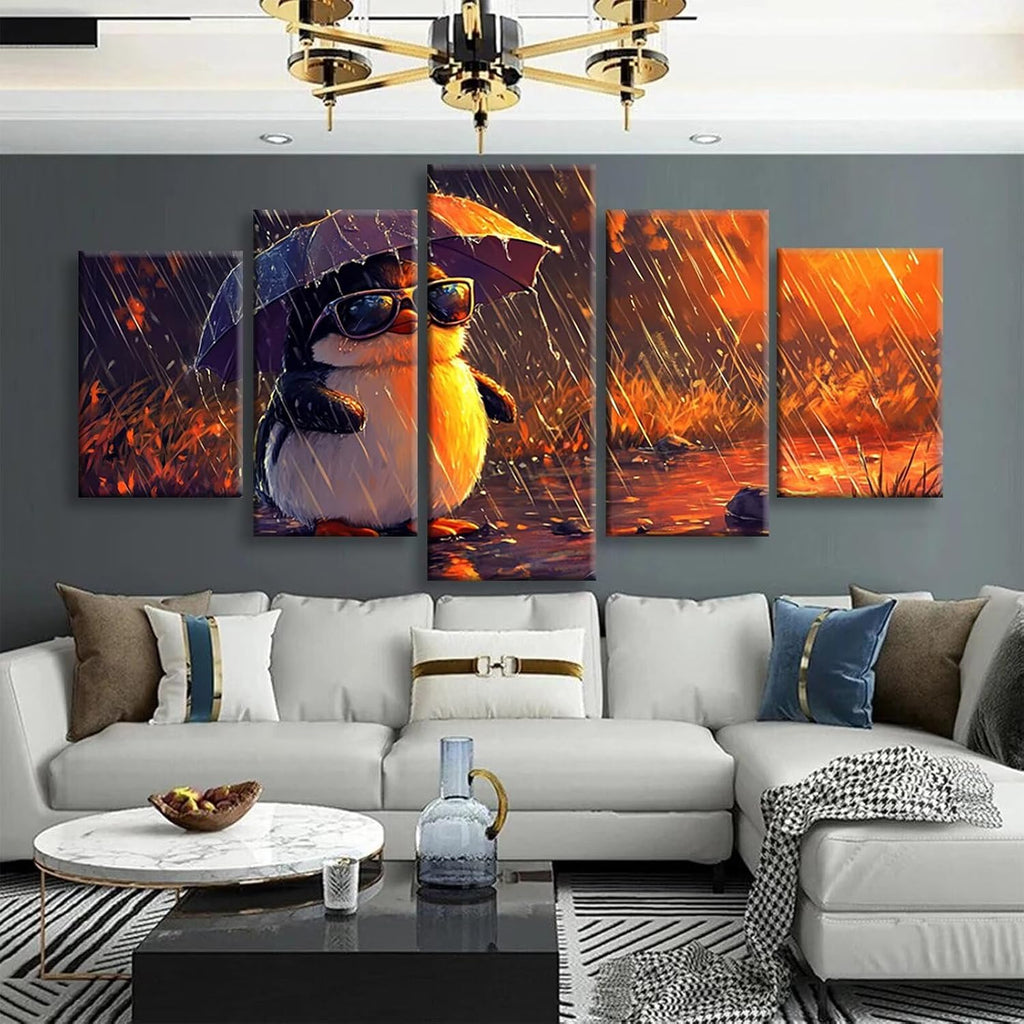 Penguin Diamond Art 5 Piece Diamond Painting Animal 5D DIY Full Square Drill Dimond Art Paintings Crystal Crafts for Adults Gem Painting for Home Decor, Large Artwork for Wall 48 x 100 Inch, Model264