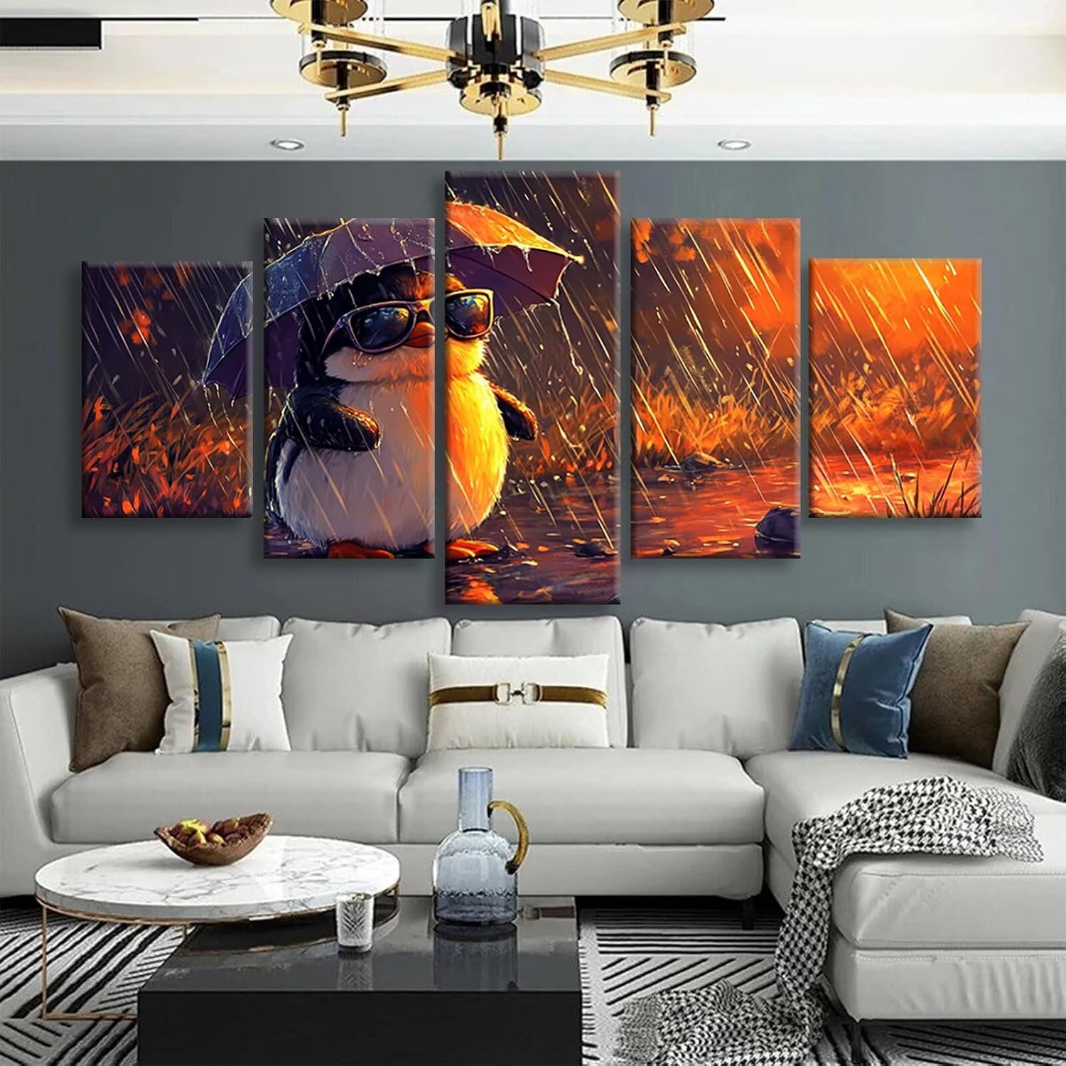 Penguin Diamond Art 5 Piece Diamond Painting Animal 5D DIY Full Square Drill Dimond Art Paintings Crystal Crafts for Adults Gem Painting for Home Decor, Large Artwork for Wall 48 x 100 Inch, Model264