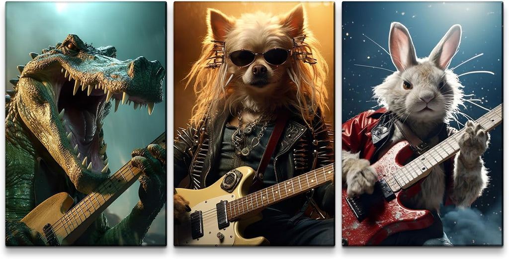 YONICA 3 Panel Animal Band Canvas Wall Art for Home Music Decor - Funny Animals Playing Musical Instruments Modern Cool Wall Picture Print On Canvas HD Giclee Artwork Ready to Hang - 20'x30'x3 Panels