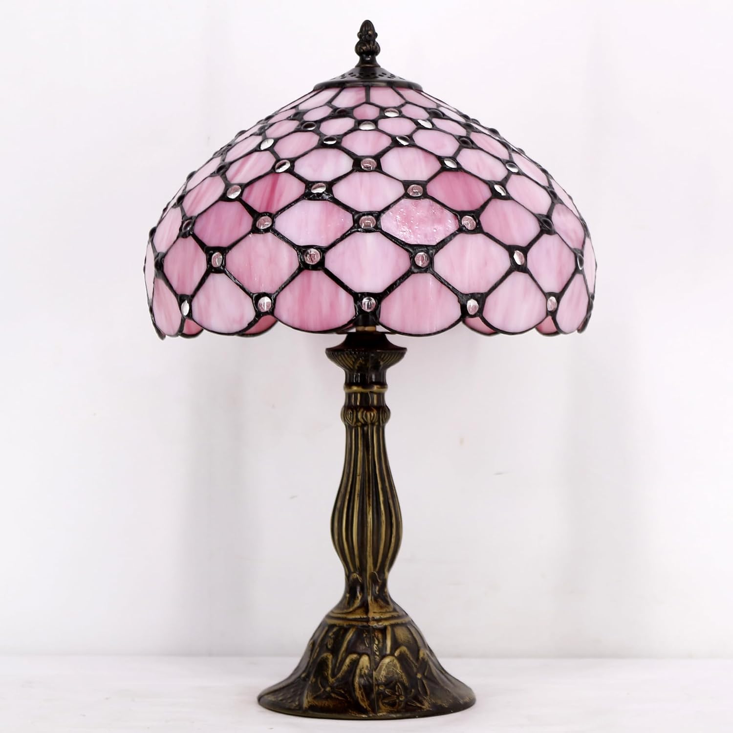 WERFACTORY Tiffany Lamp Pink Stained Glass Bead Table Lamp Desk Bedside Reading Light 12X12X18 Inches Deco Bedroom Living Room Home Office S005 Series
