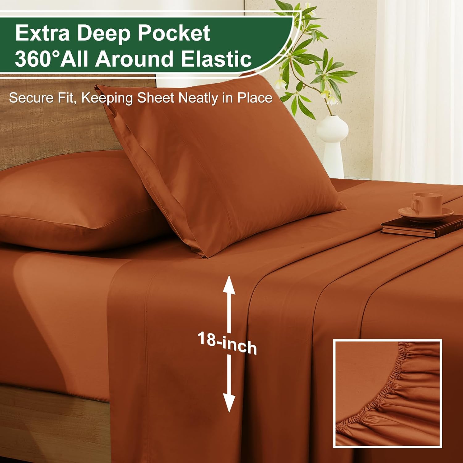 Ivellow 100% Egyptian Cotton Sheets King Size Set - 1200 Thread Count 6 PC 18' Deep Pocket King Size Bed Sheet Set，Durable Hotel Quality Luxury Soft Breathable Burnt Orange Cooling Sheet Sets Bedding