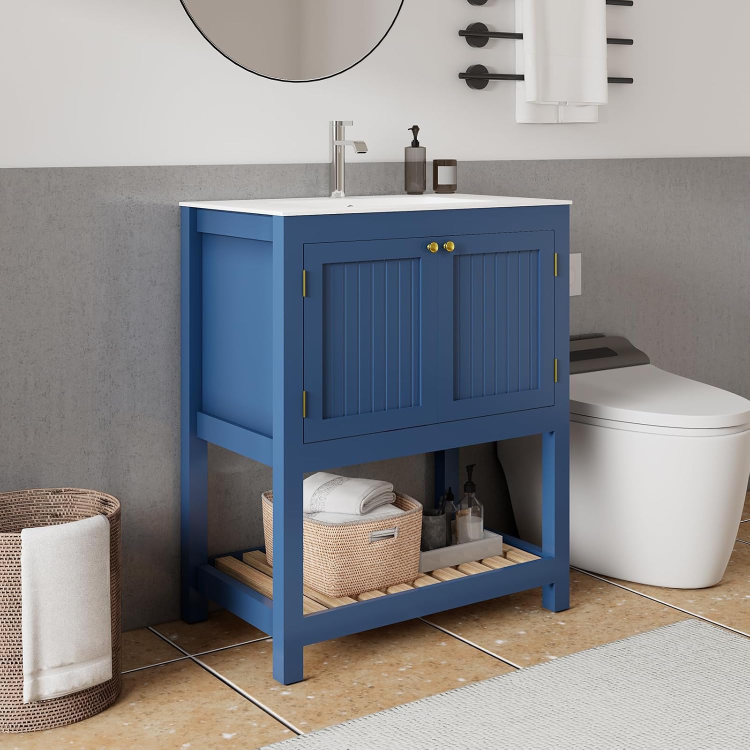 30 Inch Bathroom Vanity with Sink, Modern Bathroom Sink Cabinet with Open Shelf, Ceramic Basin, Freestanding Bathroom Vanities, Blue