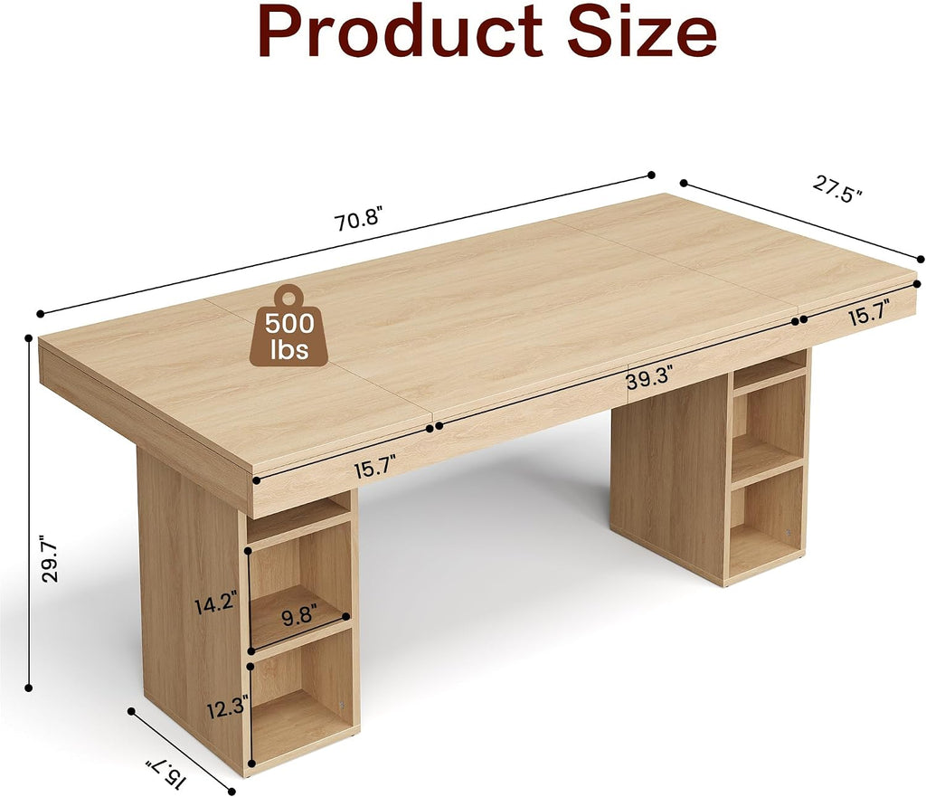 IDEALHOUSE 71' Executive Desk with Cabinet Storage, Farmhouse Home Office Desk, Wooden Computer Desk with Extra Thickened Tabletop & Metal Frame, for Work Study Writing, Oak