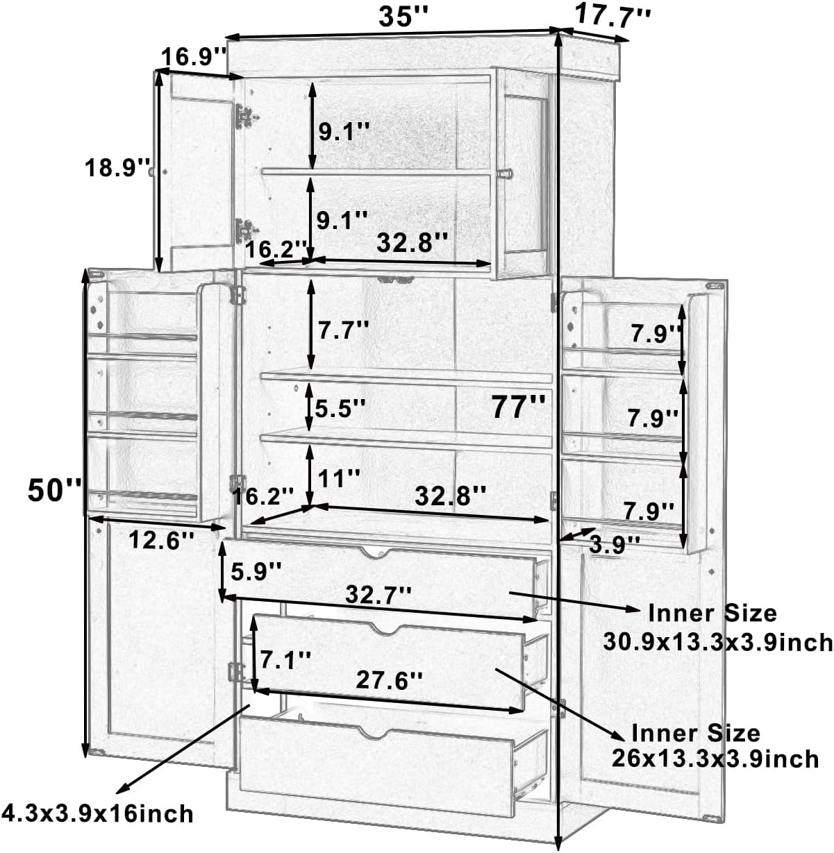 77'' Tall Freestanding Kitchen Pantry, 35''Lx17.7''W Wooden Kitchen Organizers Cupboard Storage Cabinet with Adjustable Shelves, Door Shelves, Drawers and Wine Racks (Blue-2.12)