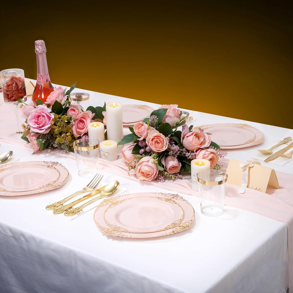 YOUBET 700PCS Pink Plastic Plates - Pink and Gold Plates - Luxury Pinks Dinnerware Set Include 200 Disposable Plates, 300 Heavy Duty Silverware, 100 Cups, 100 Napkins for Wedding Party