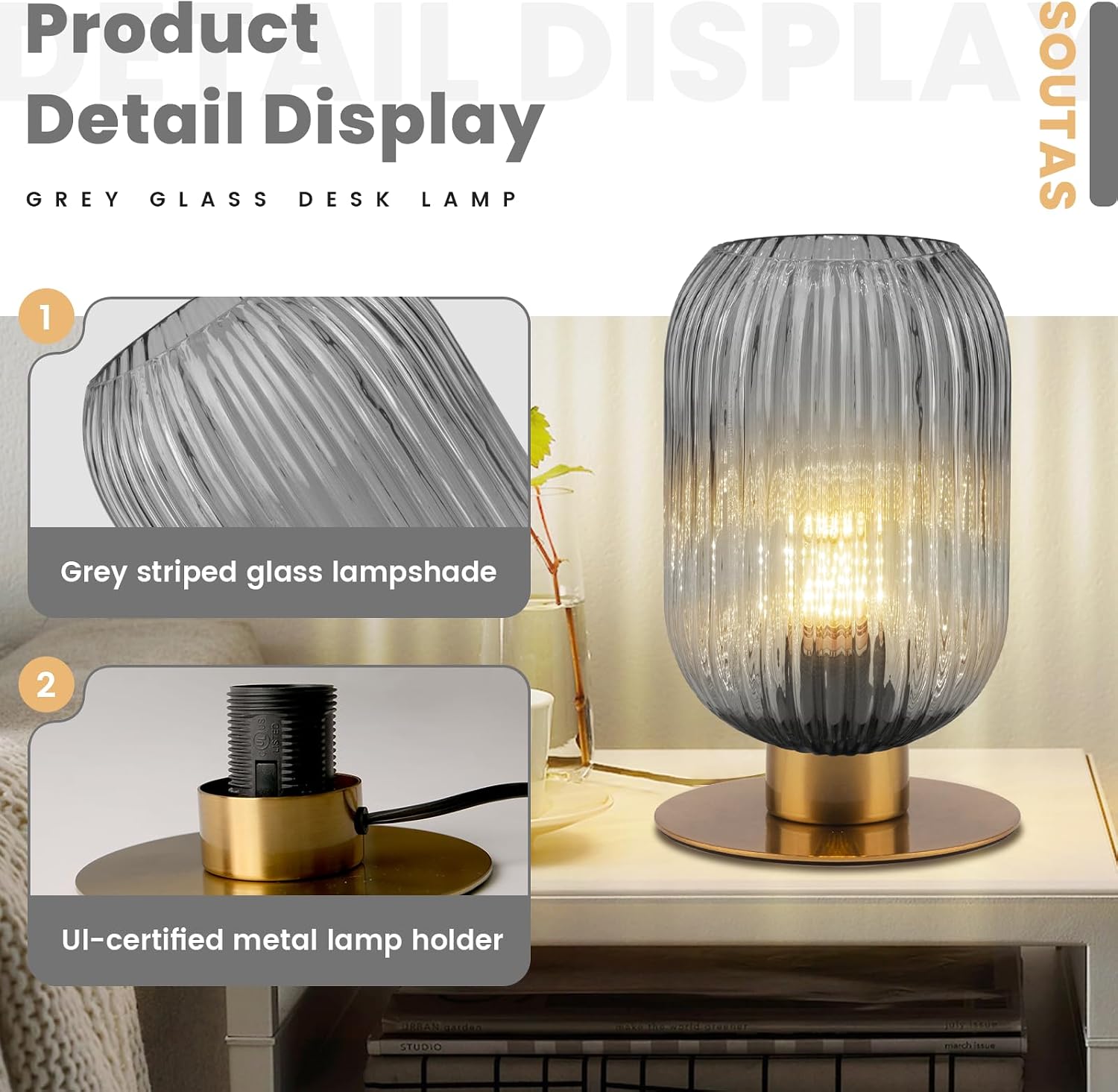 Bedroom Small Lamps Set of 2, Smoke Glass Table Lamp Living Room Side Table Lamp, Mid Century Modern Gray Bedside Lamp with On/Off Switch, Vintage Plug in Gold Lamps for Nightstand