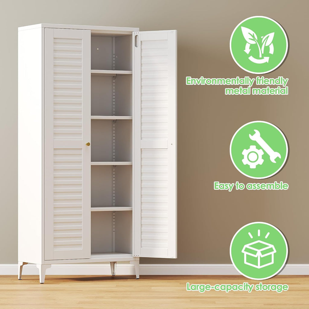 Metal Storage Cabinet with 2 Doors and 4 Adjustable Shelves, Metal Pantry Cabinet for Kitchen Living Room, Required Assembly, White,13.78' D x 27.56' W x 63.58' H