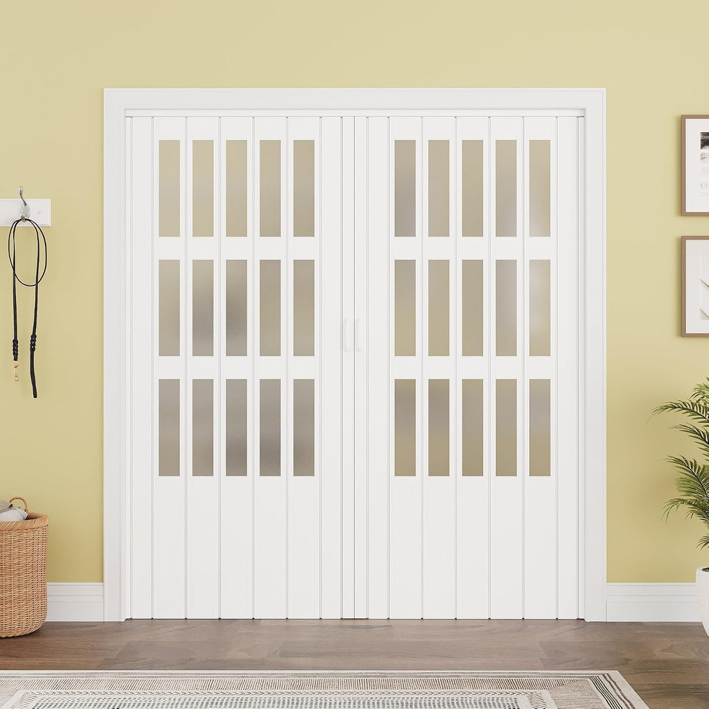 WINSTELLAR 72' x 80' Enhanced Accordion Doors with 3 Frosted Acrylic Panel, Bifold Closet Door Hardware Kit Included, PVC Interior Folding Doors with 4 Handles for Closet Bathroom Doorways