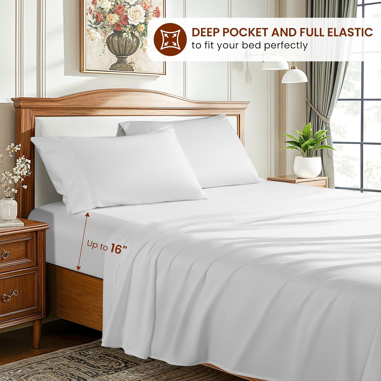 LBRO2M 1500 Thread Count Sheets 100% Egyptian Cotton Sheets Set 16 Inches Deep Pocket Queen Size Bedding 4 Pcs Sets (Queen, White)