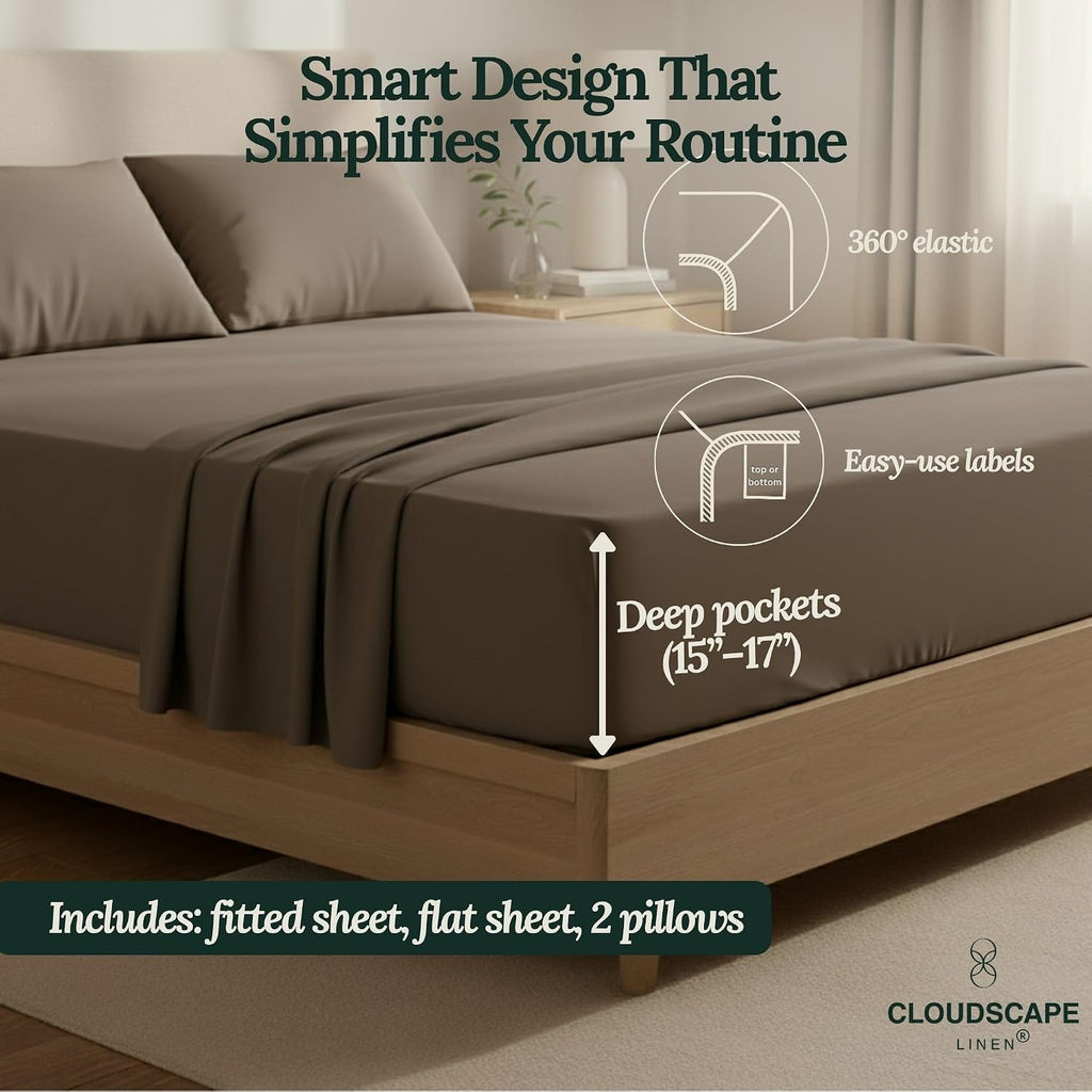CLOUDSCAPE 100% Egyptian Cotton Sheets Queen Size, 4 Piece Breathable & Silky Sateen Weave Queen Sheet Set, Ultra-Soft & Perfect Cooling Hotel Luxury Sheets, Deep Pocket Fitted up to 15', Taupe