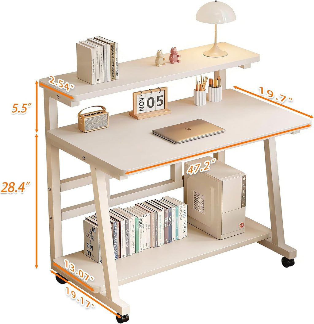47.2 Inch Compact Rolling Computer Desk with Tier Worktable & Lockable Wheels, Small Computer Desk, Small Desk for Bedroom, Mobile Writing Workstation Easy Assembly for Home Office Small Spaces