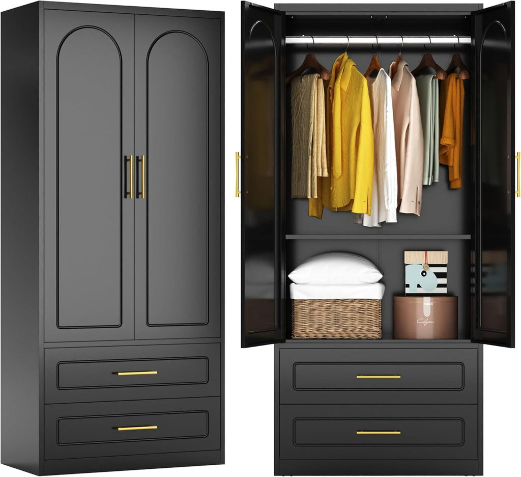 71' Metal Armoire Wardrobe Closet with Doors, Tall Wardrobe Cabinet with 2 Drawers, Hanging Rod and Adjustable Shelves, Black Clothing Storage Cabinets for Bedroom, Home Office