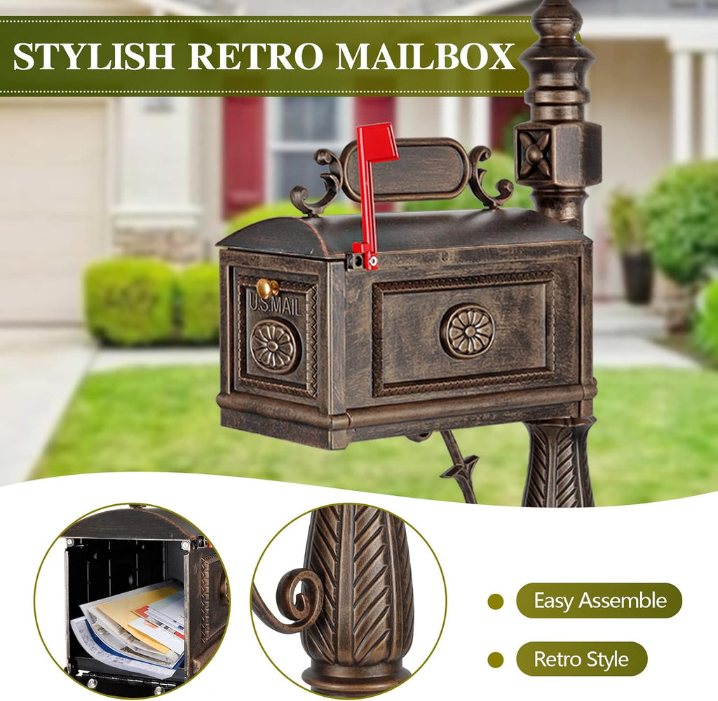 Polar Aurora Barcelona Decorative Post Mailbox Combination Stratford Heavy Duty Postal Mail Box Cast Aluminum(Bronze)