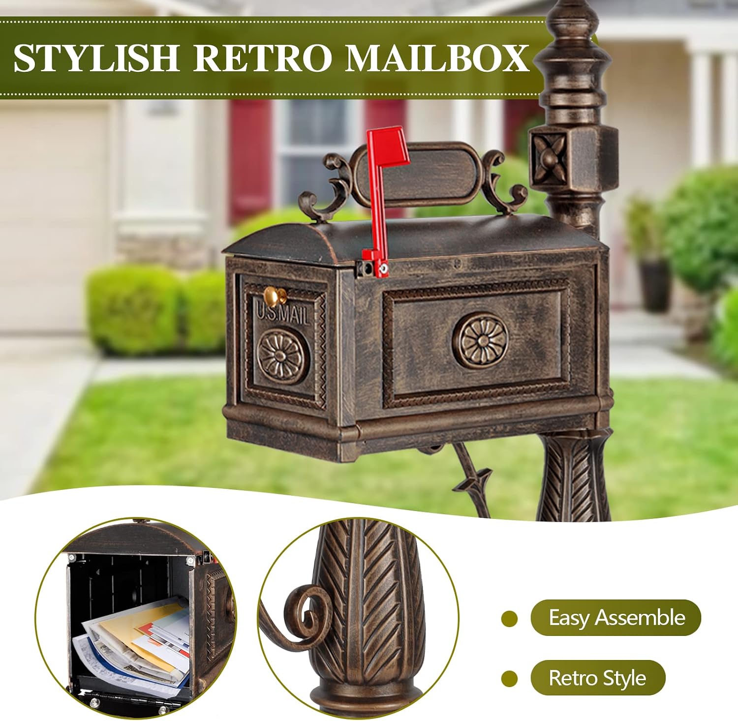 Polar Aurora Barcelona Decorative Post Mailbox Combination Stratford Heavy Duty Postal Mail Box Cast Aluminum(Bronze)