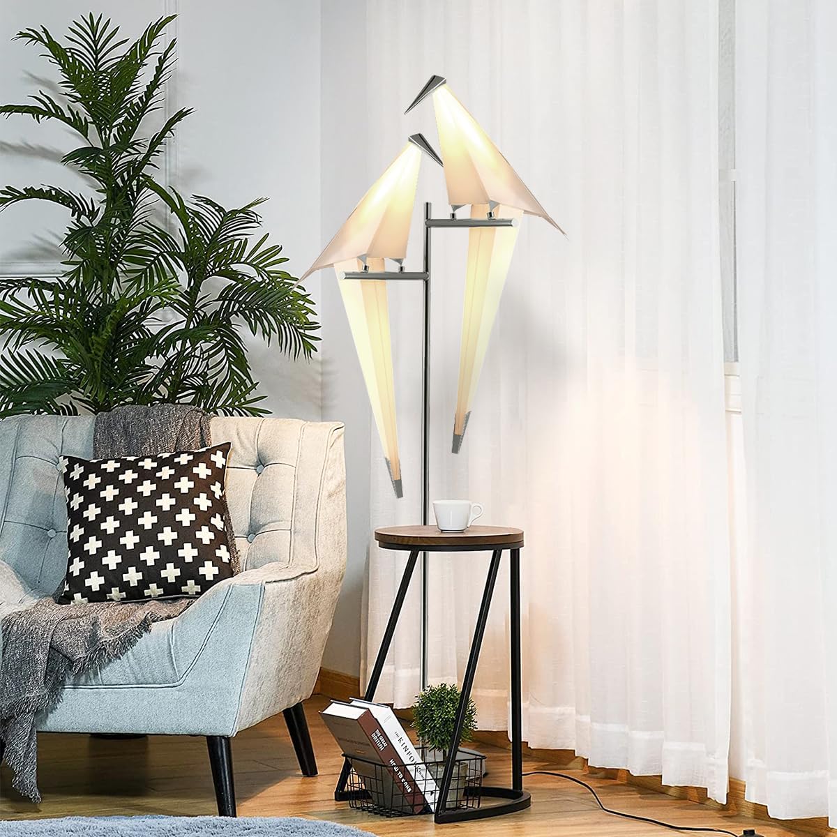 68In Bird Floor Lamp, Modern Origami Bird Lamp, Silver Swinging Crane Pendant Light Fixtures for Living Room Bedroom Dinning Room Office