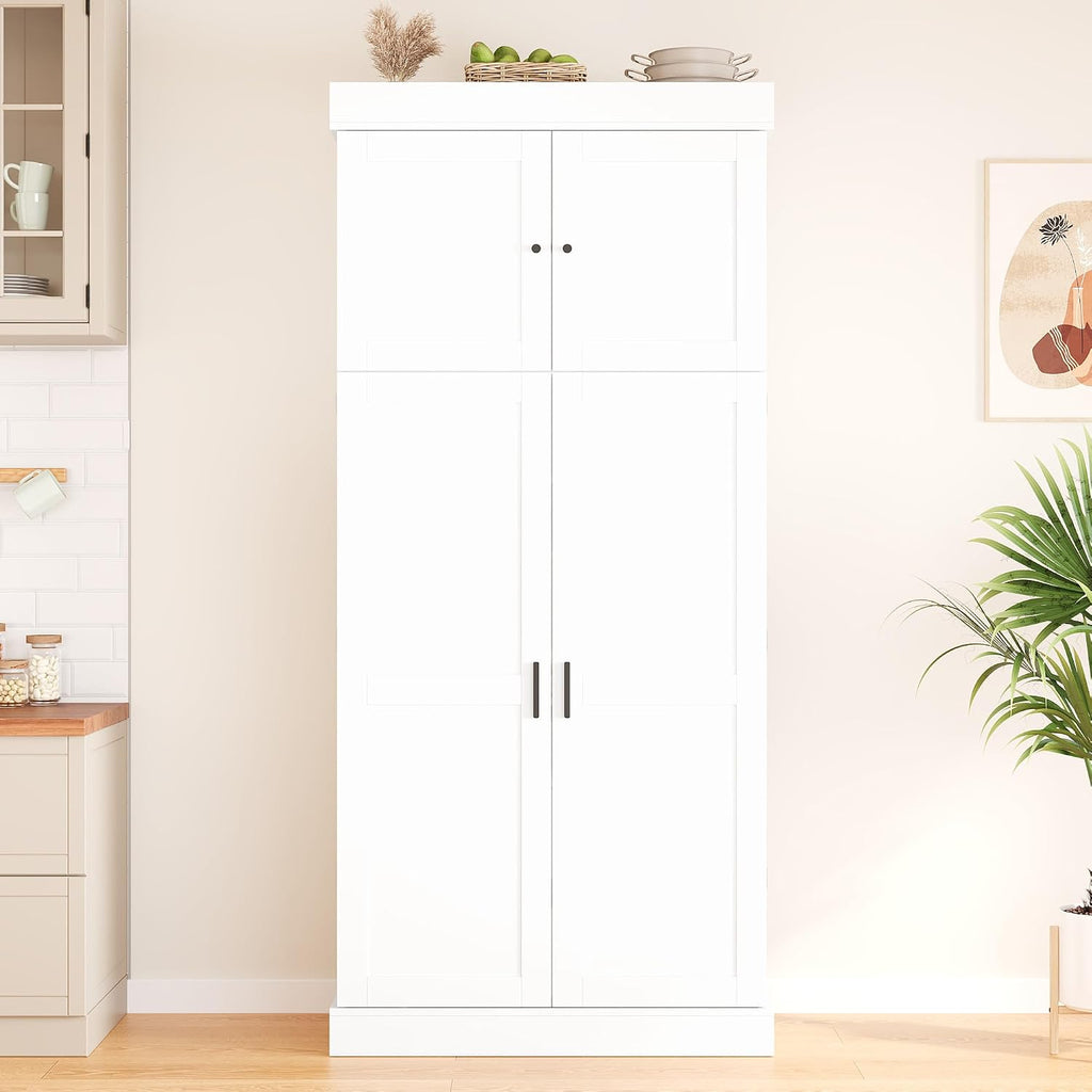 77'' Tall Freestanding Kitchen Pantry, 35''Lx17.7''W Wooden Kitchen Organizers Cupboard Storage Cabinet with Adjustable Shelves, Door Shelves, Drawers and Wine Racks (White-2.12)