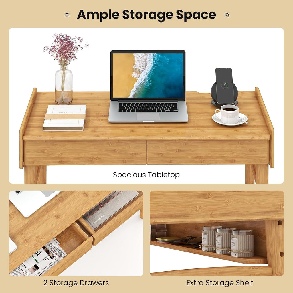 POWERSTONE 39.5' Writing Computer Desk, Modern Bamboo Home Office Desk with 2 Storage Drawers and One Shelf, Study Writing Table Workstation