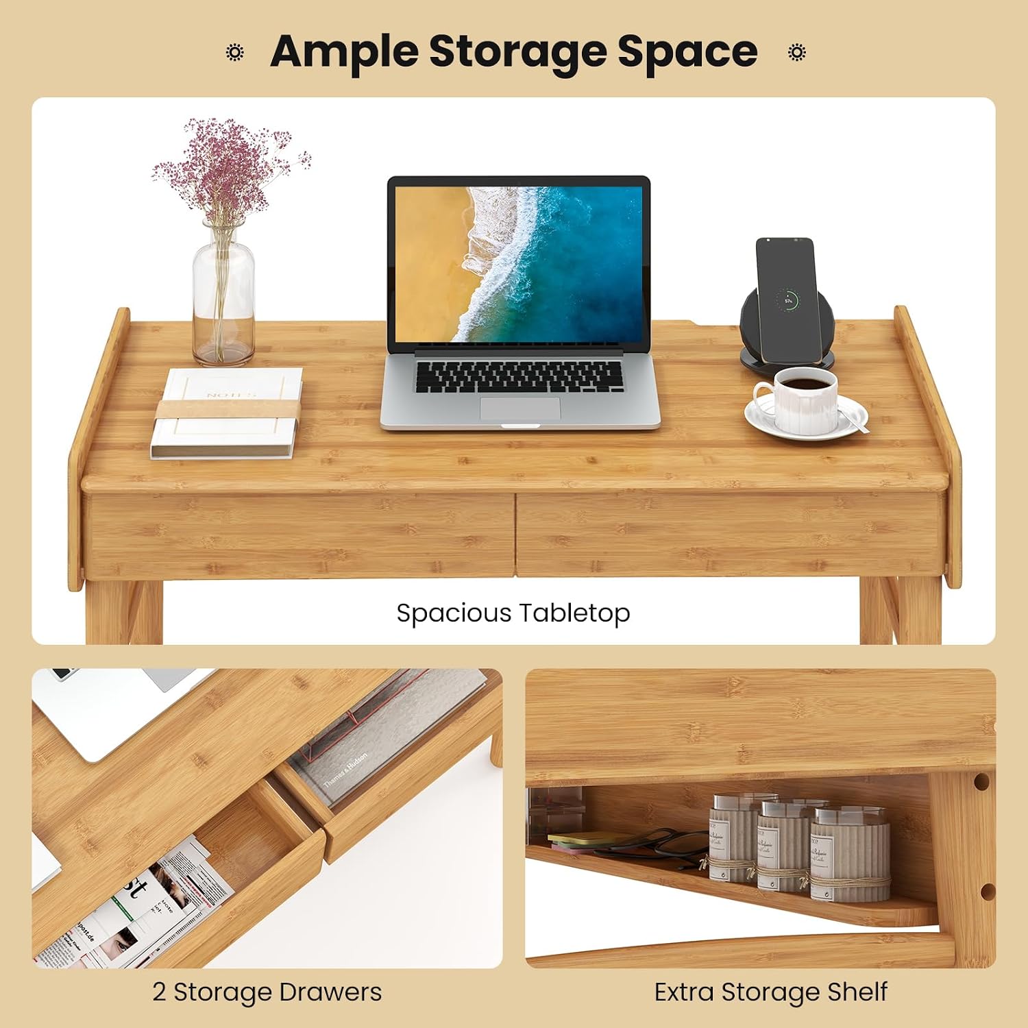 POWERSTONE 39.5' Writing Computer Desk, Modern Bamboo Home Office Desk with 2 Storage Drawers and One Shelf, Study Writing Table Workstation