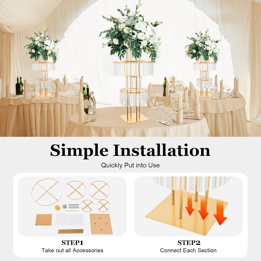 2PCS Wedding Gold Vases Centerpieces, 5 Tier Chandelier Centerpiece, Round Chandelier Pedestal Stand, Crystal Vases for Wedding Reception Birthday