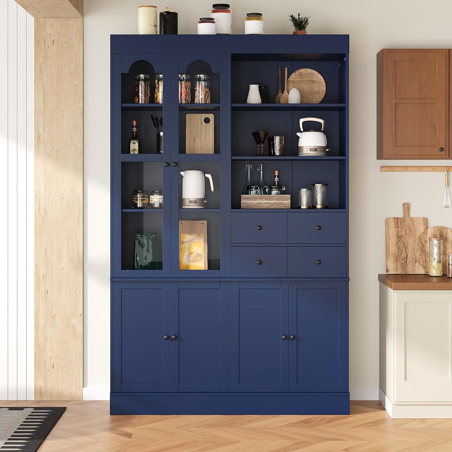Modern 75inch Tall Kitchen Pantry Storage Cabinet with 4 Drawers, Freestanding Buffet Cabinet with Door Shelves and Pull-Out Trays for Dining Room, Living Room (Blue/32r)