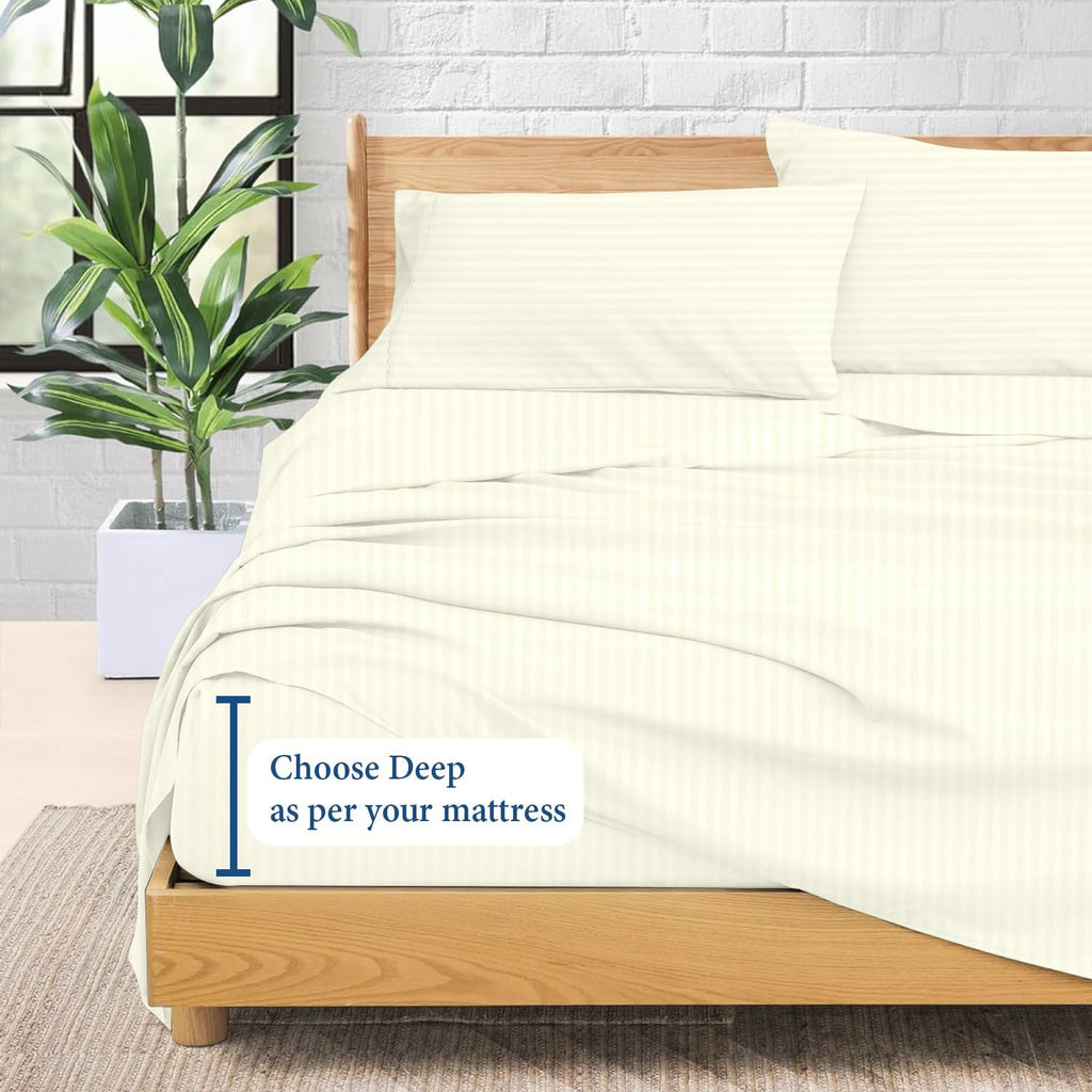 1000 Series- Extra Long Staple 100% Egyptian Cotton Sheet Set,Sateen Weave, Hotel Quality Soft Luxury Bedding, Queen Size 4 Piece Sheet Set Fit 15' Inch to 18' Deep Stripe Ivory