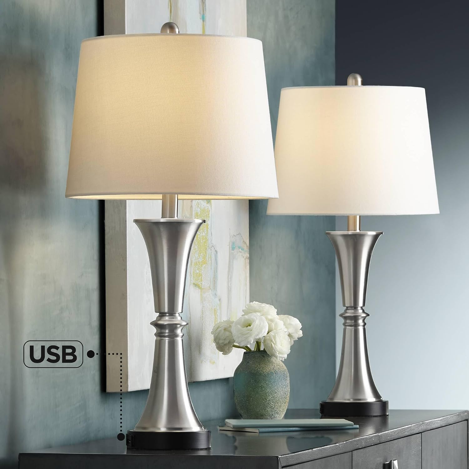 360 Lighting Seymore Modern Table Lamps 26' Tall Set of 2 with USB Charging Port Silver LED Touch On Off White Drum Shade for Bedroom Living Room House Home Desk Bedside Nightstand Office