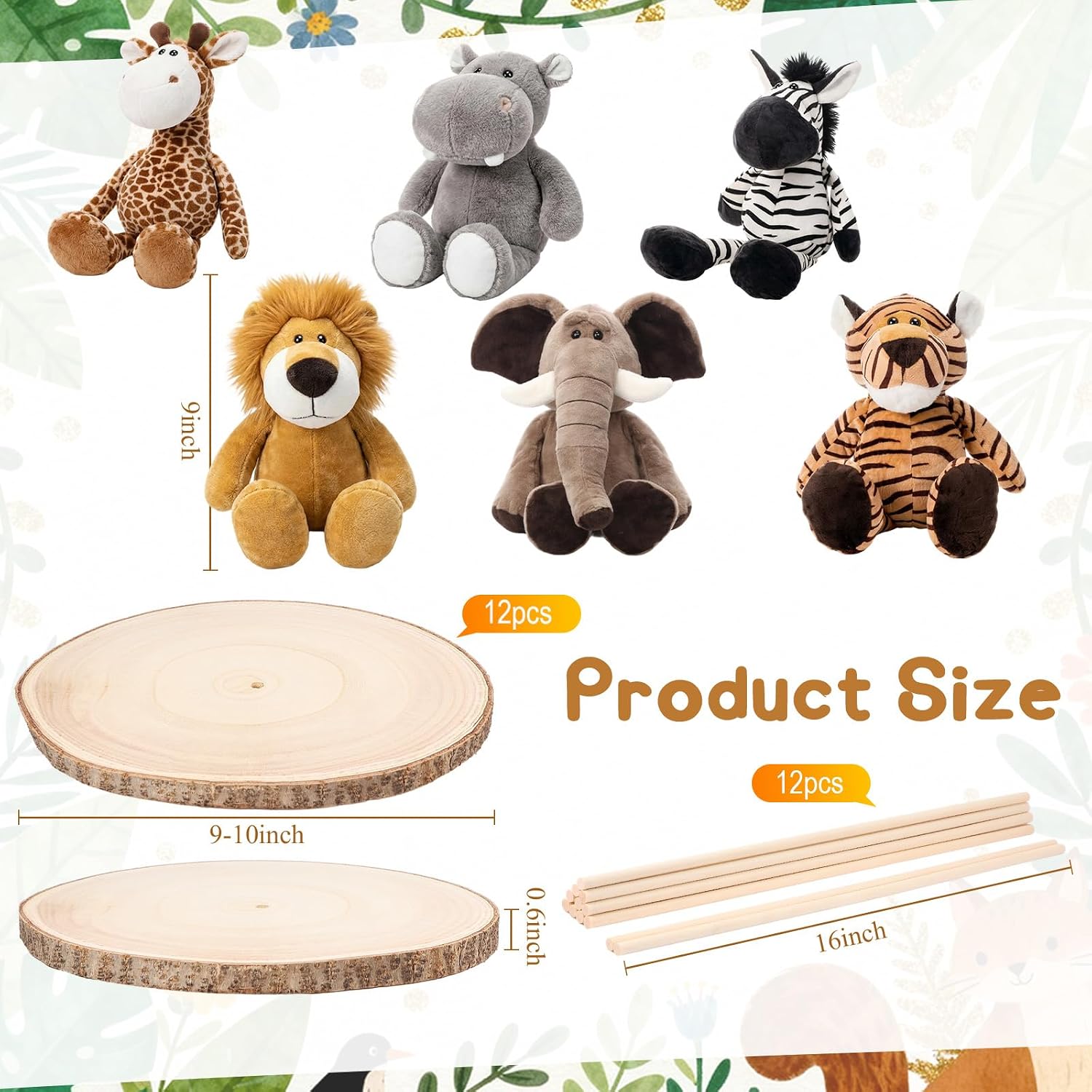 Canlierr 12 Set Animal Centerpieces for Baby Shower Decor Includes Wooden 23-26in Animal Rounds Circles Slices with Stick DIY Craft Birthday Wedding Gender Party Table Decorations