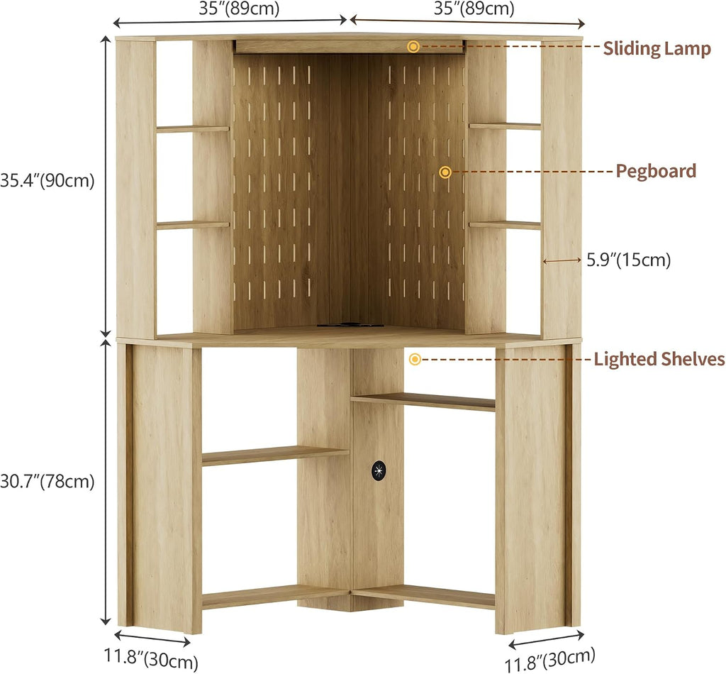 HNEBC Home Office Desk with Power Outlet & Chariging Station,L-Shaped Corner Desk with Pull-Out LED Lights,Computer Desk with Hutch & 10 Shelves,Pegboards for Work & Study,Natural
