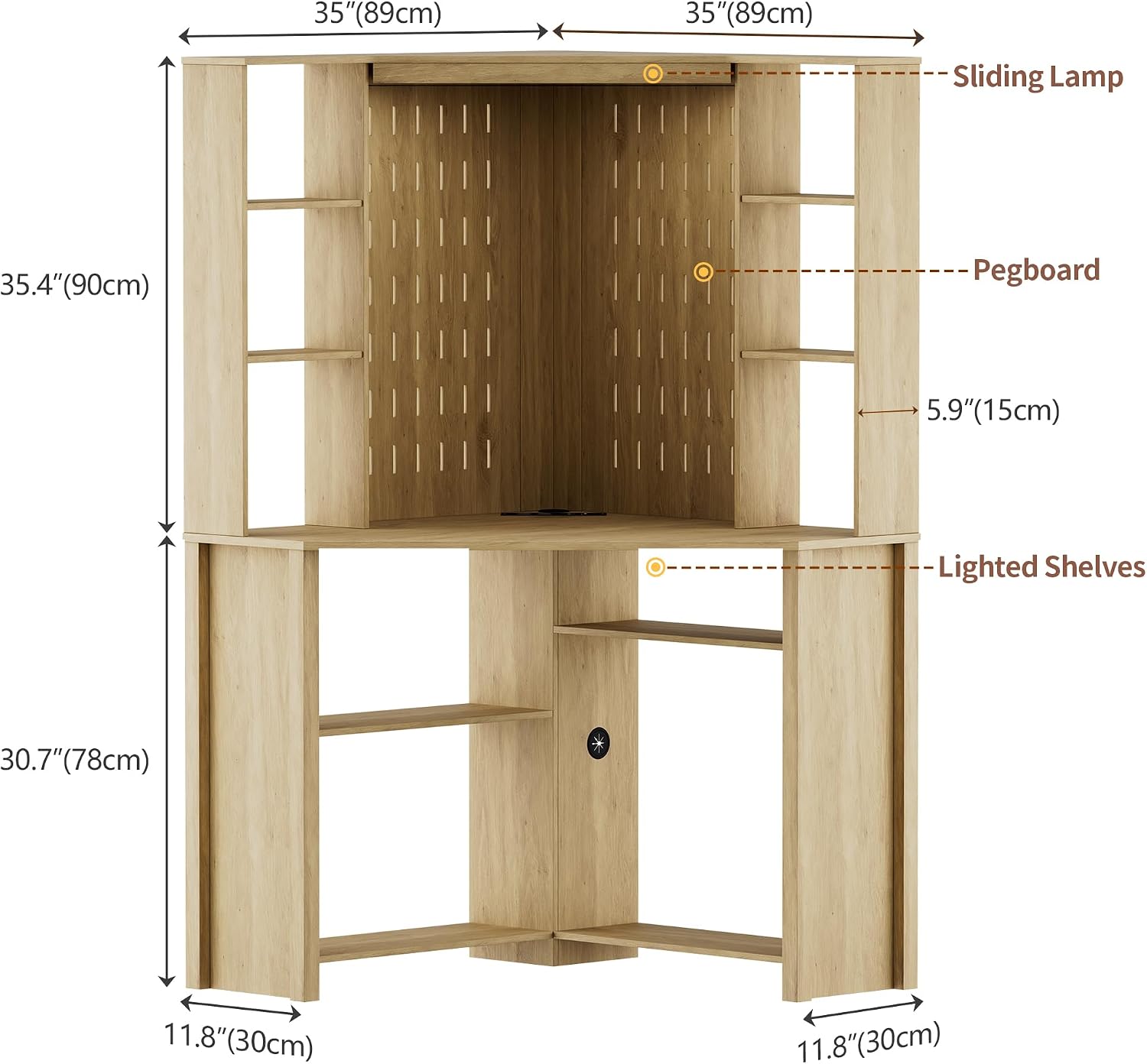 HNEBC Home Office Desk with Power Outlet & Chariging Station,L-Shaped Corner Desk with Pull-Out LED Lights,Computer Desk with Hutch & 10 Shelves,Pegboards for Work & Study,Natural