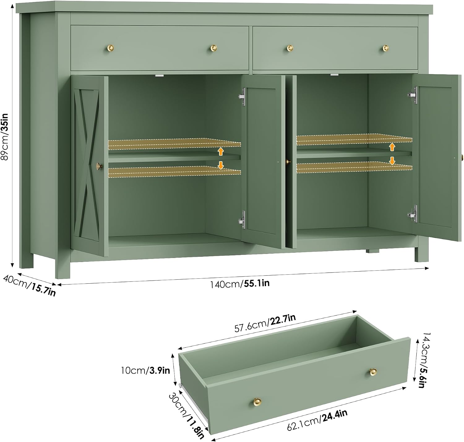 FOTOSOK Sideboard Buffet Cabinet with Storage, 55' Large Kitchen Storage Cabinet with 2 Drawers and 4 Doors, Wood Coffee Bar Buffet Table Console Table for Kitchen Dining Room, Green