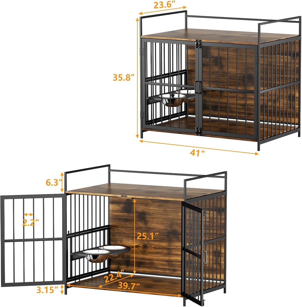 ROOMTEC Furniture Style Large Dog Crate with 360° & Adjustable Raised Feeder for Dogs 2 Stainless Steel Bowls -End Table House Pad, Indoor Use,41' L X 24' W 36' H, Classic Brown
